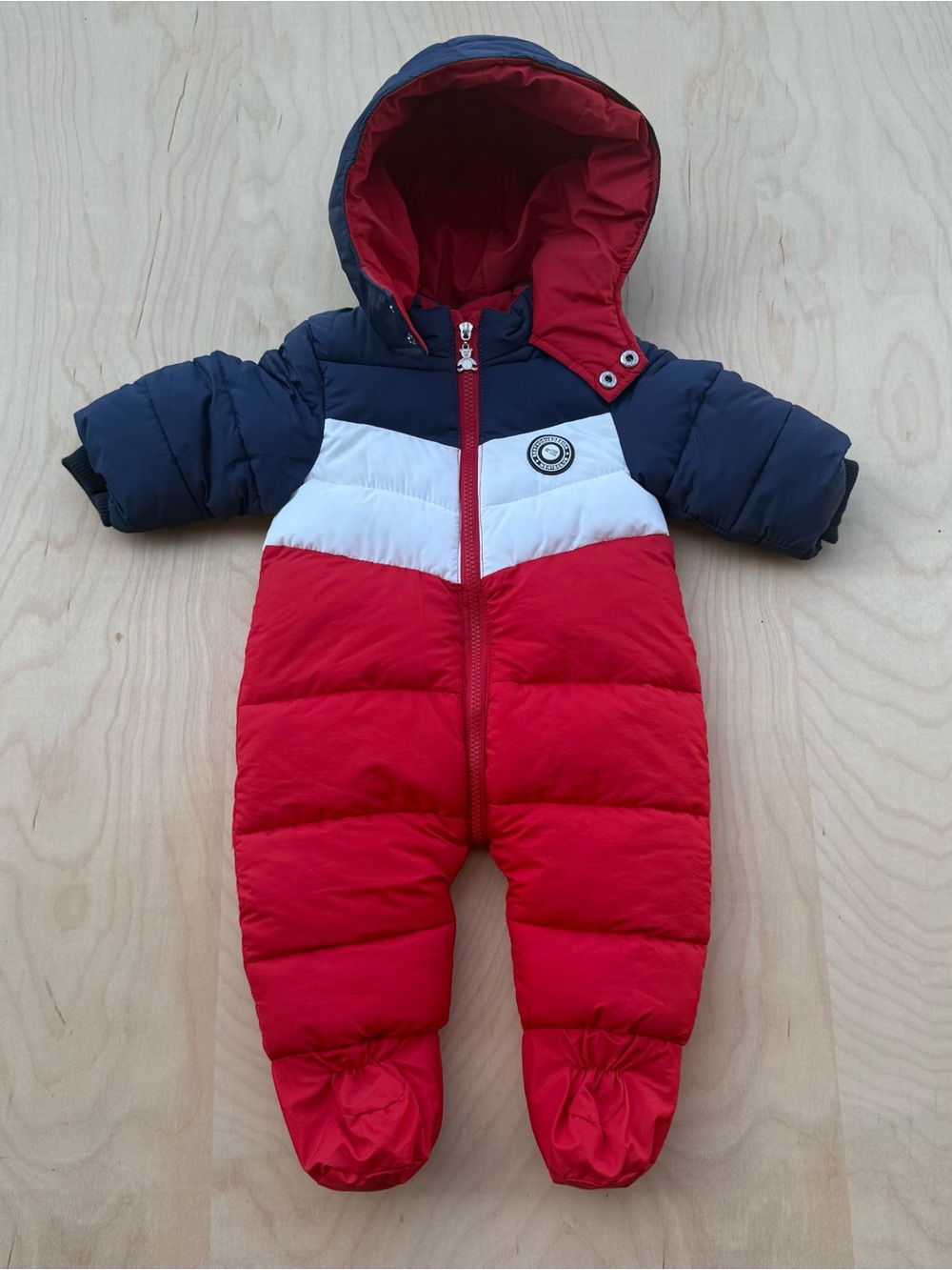 Mother's Baby Bear Hooded Bunting Snowsuit Red White Blue Colorblock Foot 6-9M